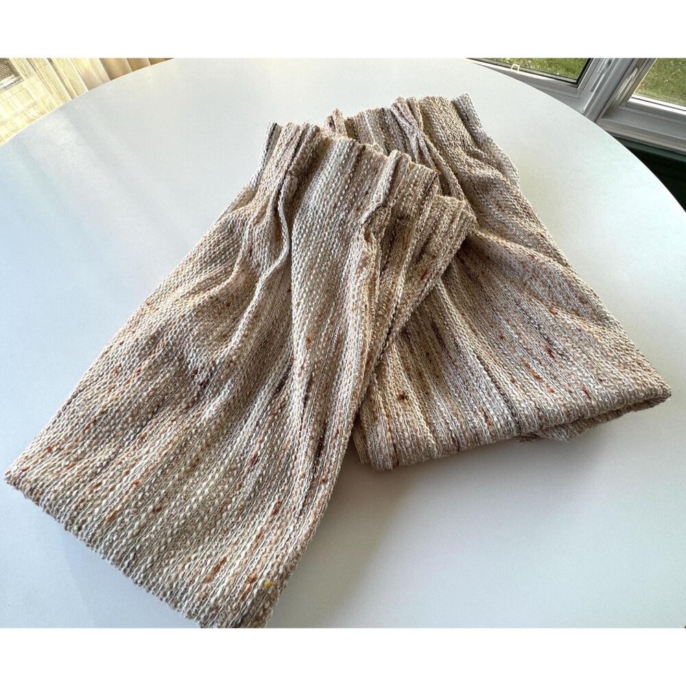 Vintage 70s curtains, thick woven tan and brown, pleated, pair